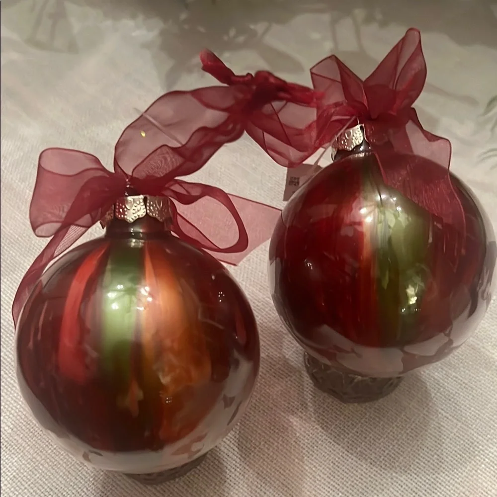 Burgundy Red & Green Swirled Christmas Ornaments (x2)